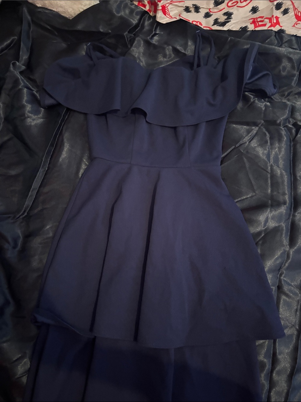 B Darlin Navy One-Shoulder Ruffle Midi Dress